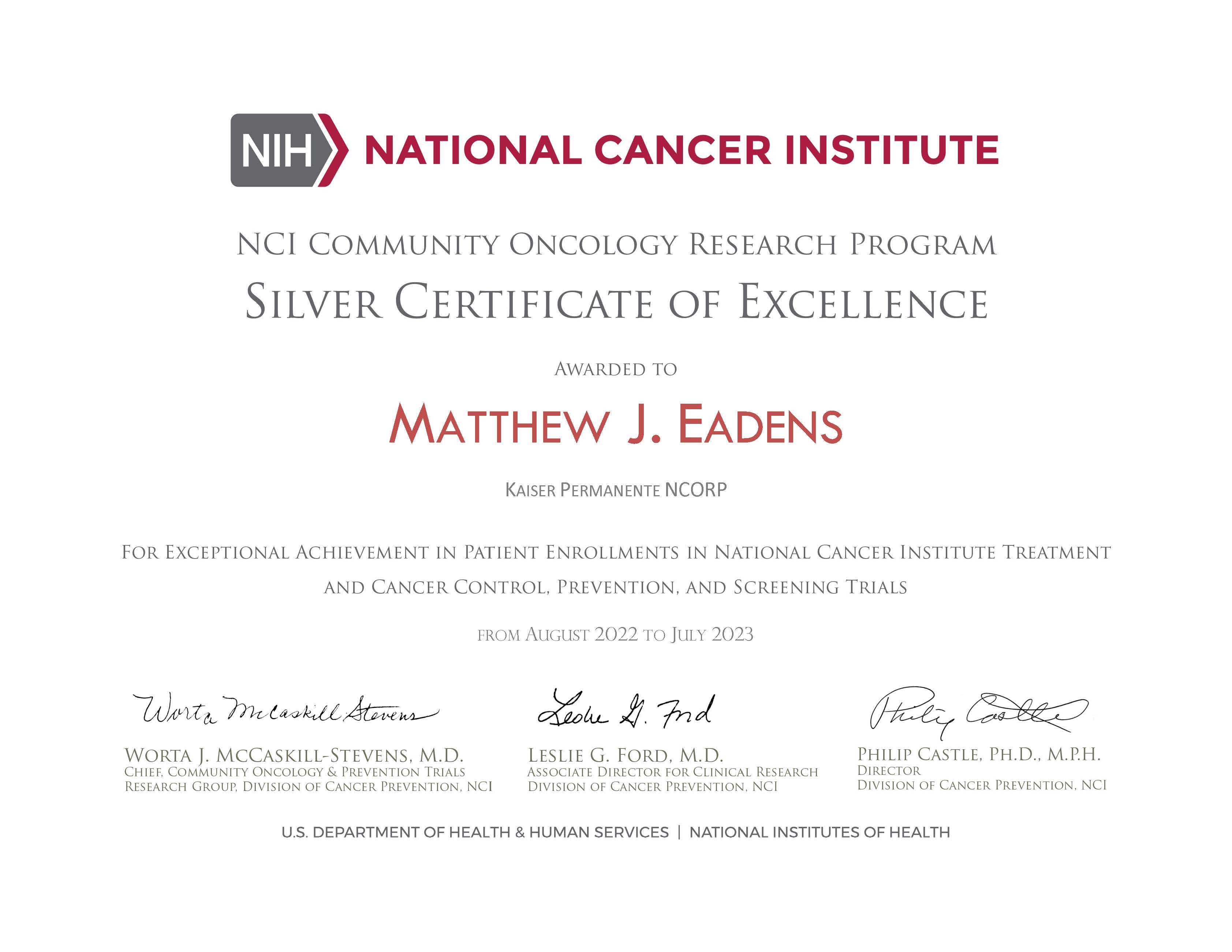 Image of Dr. Eadens's Silver Certificate of Excellence for their exceptional achievement in clinical trial participation.